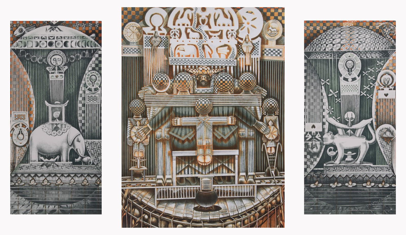 John Thomas Biggers, American (1924-2001), Family Ark, Triptych, 1992, color offset lithograph: John Thomas BiggersAmerican, (1924-2001)Family Ark, Triptych, 1992color offset lithographinitialed and dated on the reverse, unframed.Side panels: 29 3/8 x 14 inches; Center: 29 3/8 x 21 5/8 inches