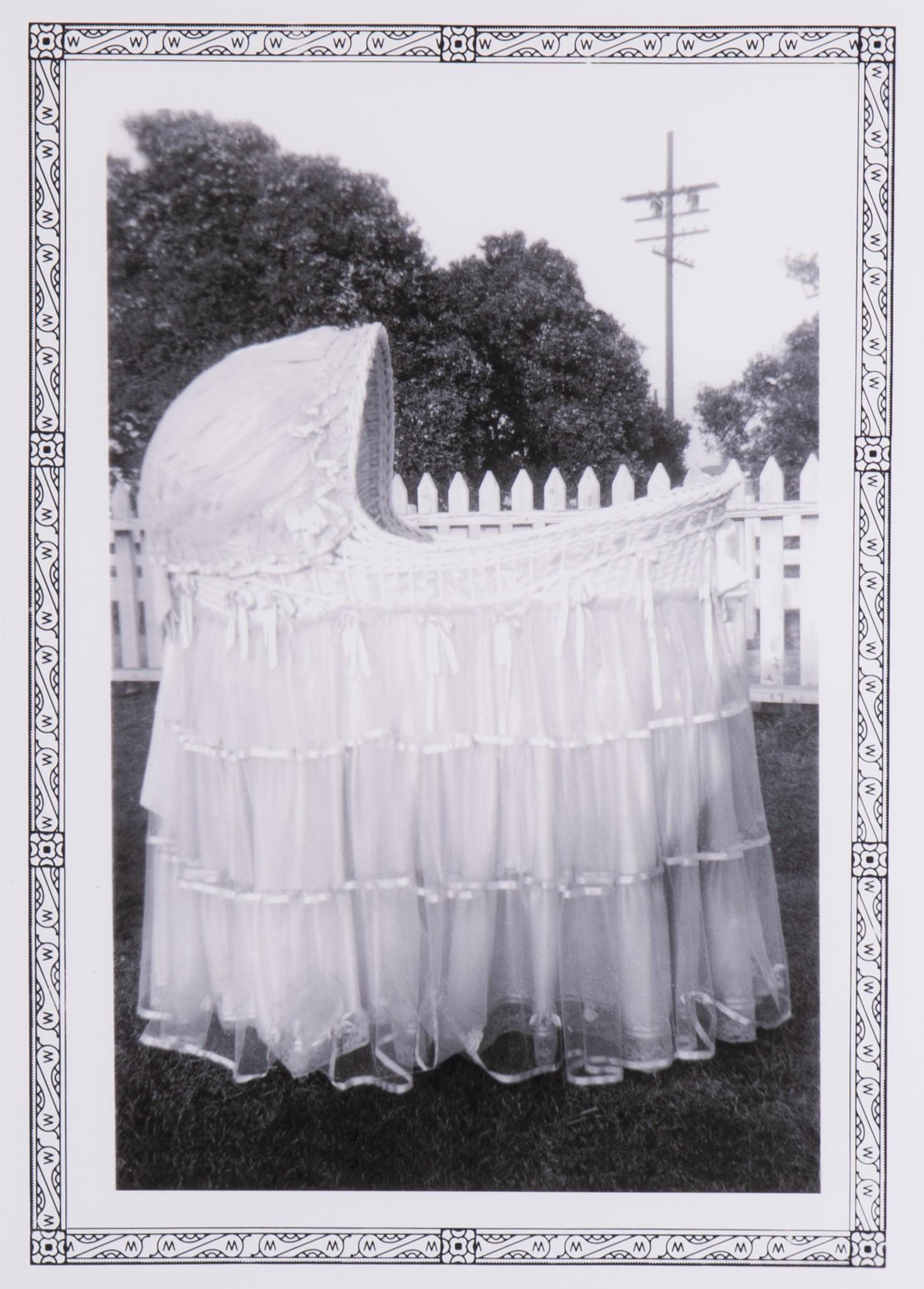 Spooky Baby Bassinette Outside, print of original snapshot in Foster Collection, c. 1950s, signed by: Spooky Baby Bassinette Outside, print of original snapshot in Foster Collection, c. 1950s, signed by John FosterLARGE FRAMED PHOTOGRAPHIC GICLEE PRINT / created by artist John Foster (b. 1951) andexhi