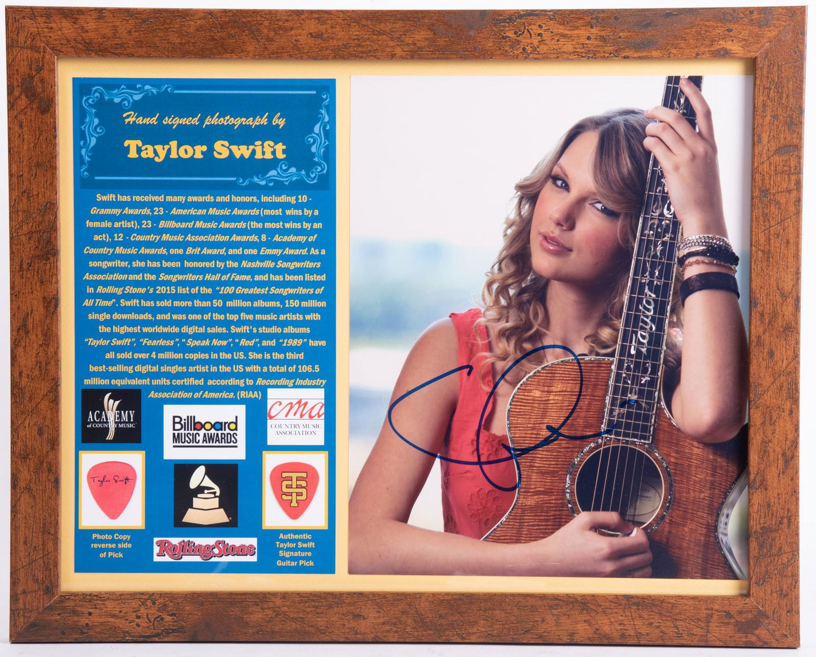 Taylor Swift Signed Photo / Pick: Taylor Swift Signed Photo / PickHand signed photo by Taylor Swift, famous for her narrative songwriting, often inspired by her personal life. Has become a pop icon, winning multiple accolades and awar