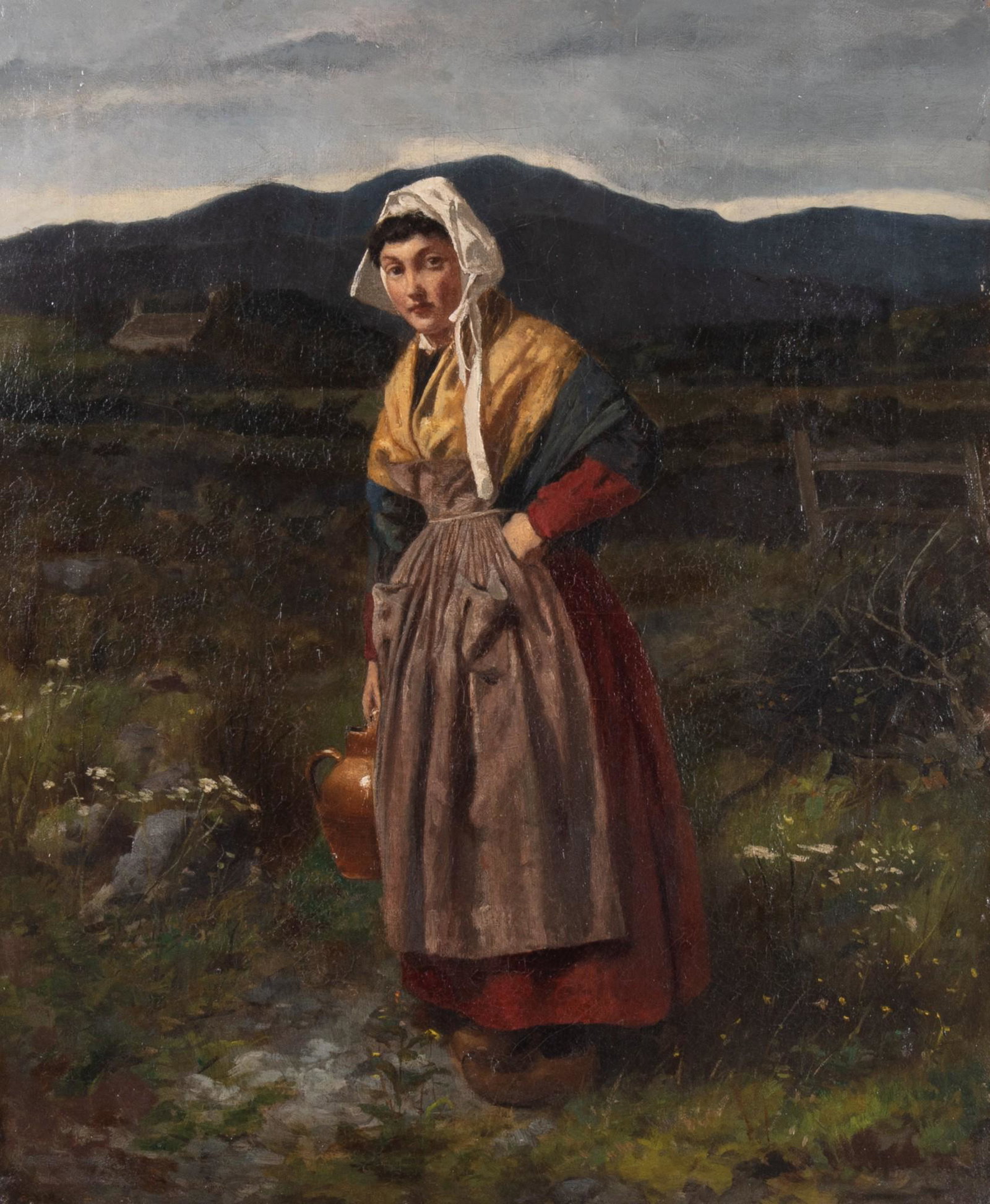 , Continental School 19th Century, Dutch Girl in Field, oil on canvas: Continental School, 19th Century Dutch Girl in Field oil on canvas unsigned, framed 28 x 20 inches