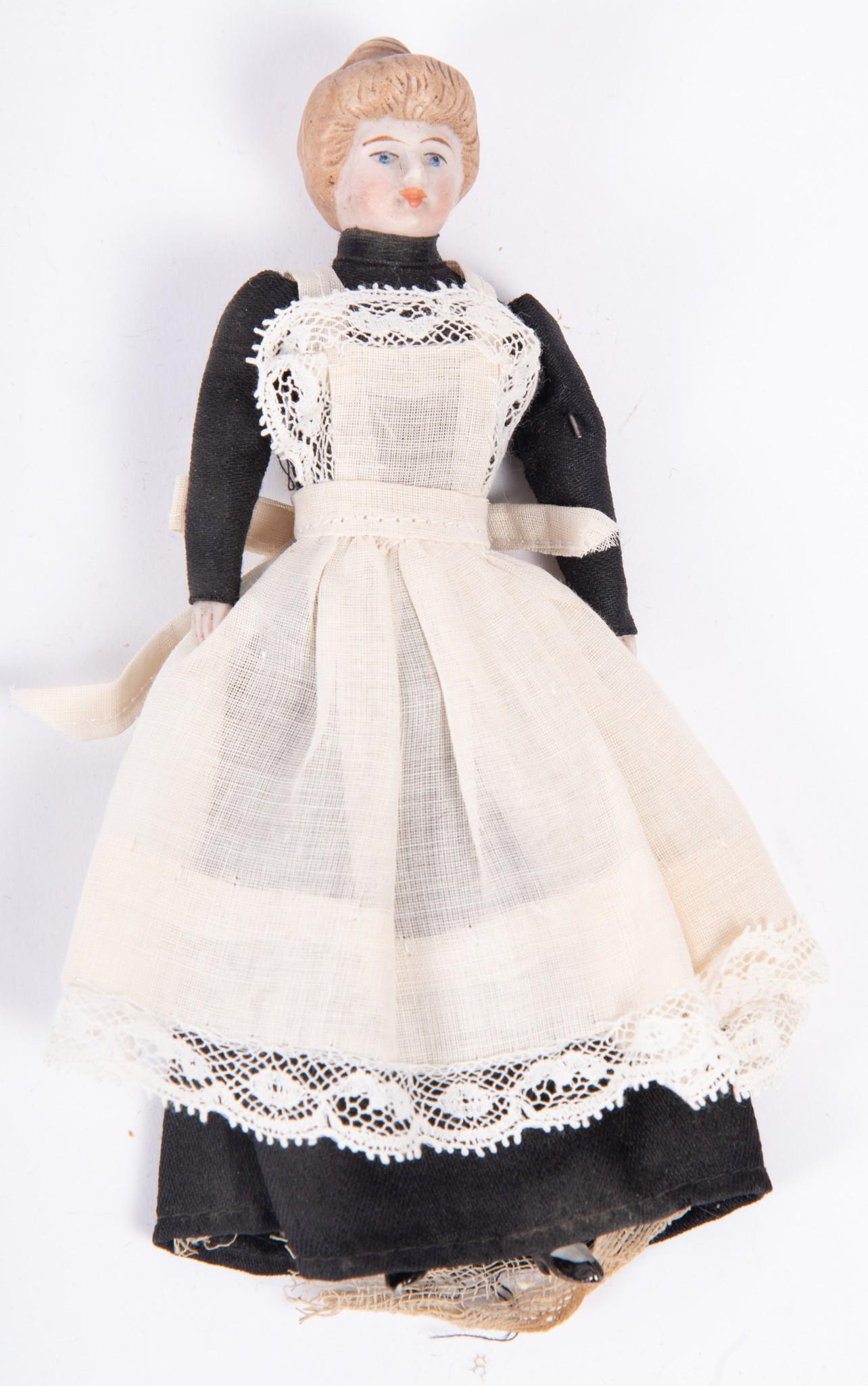 Bisque Molded Head and Limbs Cloth Doll House Doll, 6": Bisque Molded Head and Limbs Cloth Doll House Doll, 6" cloth body, original clothes dressed as a maid, hair is style in a bun.