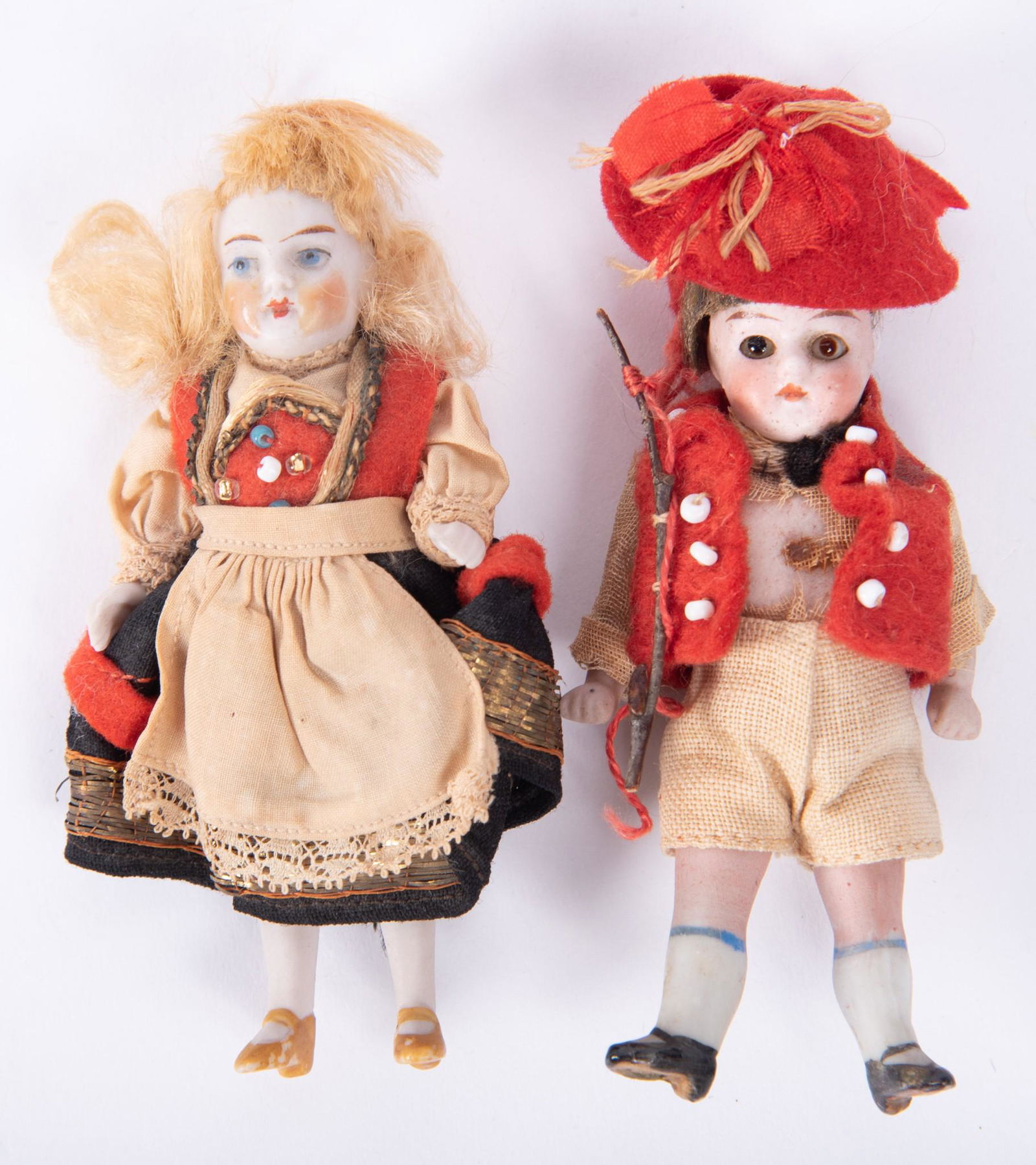 Two 3" All Bisque Jointed Boy and Girl Dolls, 1915 (1 of 2)