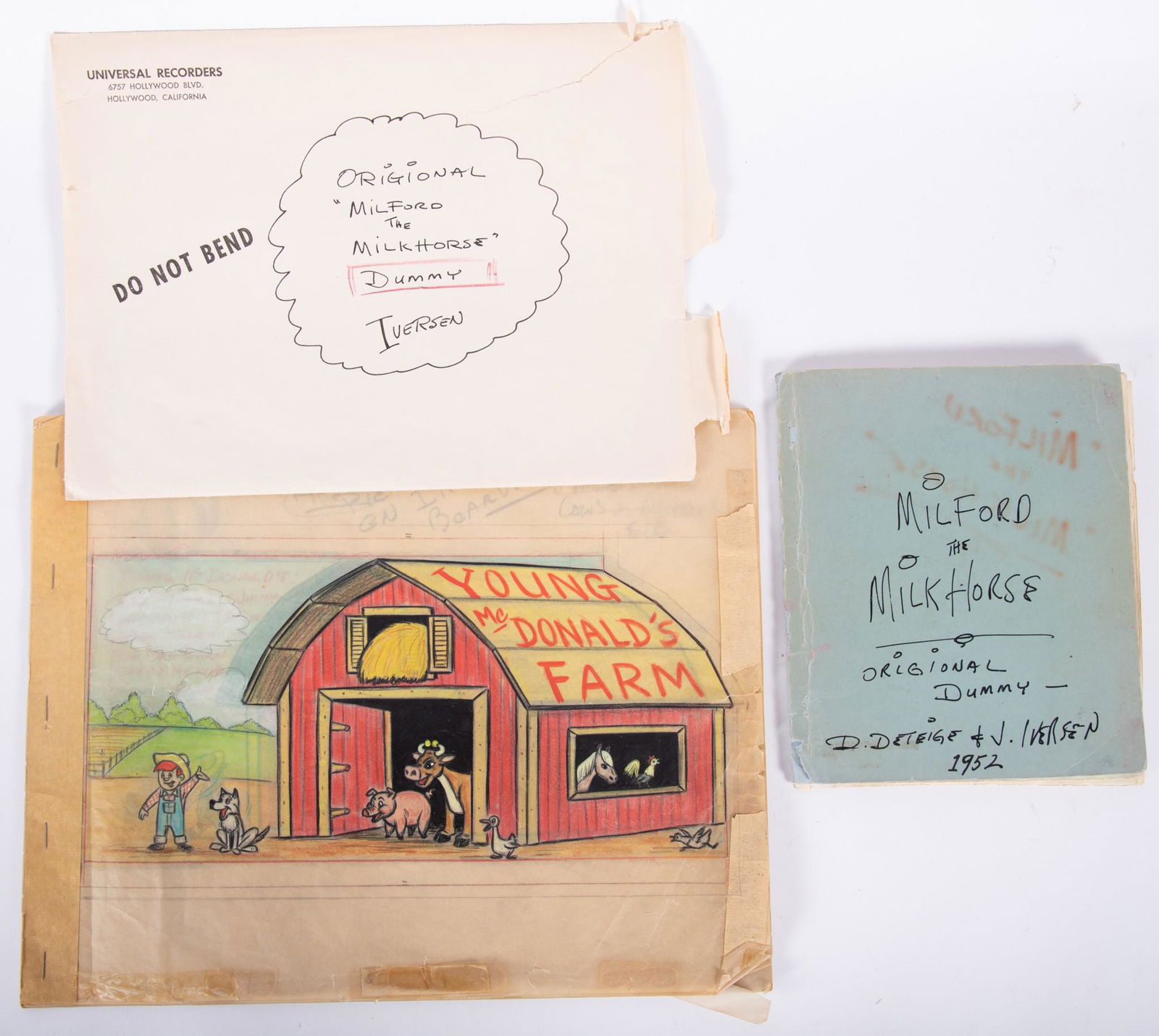 Jack Iversen, Colorado/California (1927-2004), Two Original Story Mock-Ups: Milford the Milk Horse,: Jack IversenColorado/California, (1927-2004)Two Original Story Mock-Ups: Milford the Milk Horse, 1952, and Young McDonald's Farmmixed mediaoriginal drawings with the artist's publishing notes.Iversen