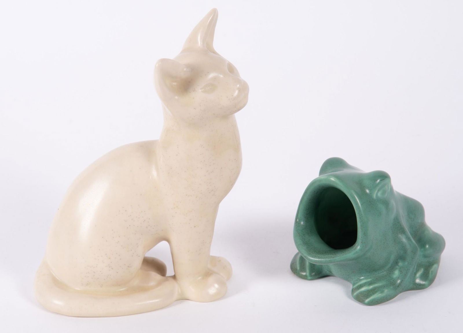 Two Pieces of Rookwood Pottery, White Cat, and Green Glazed Frog (1 of 4)