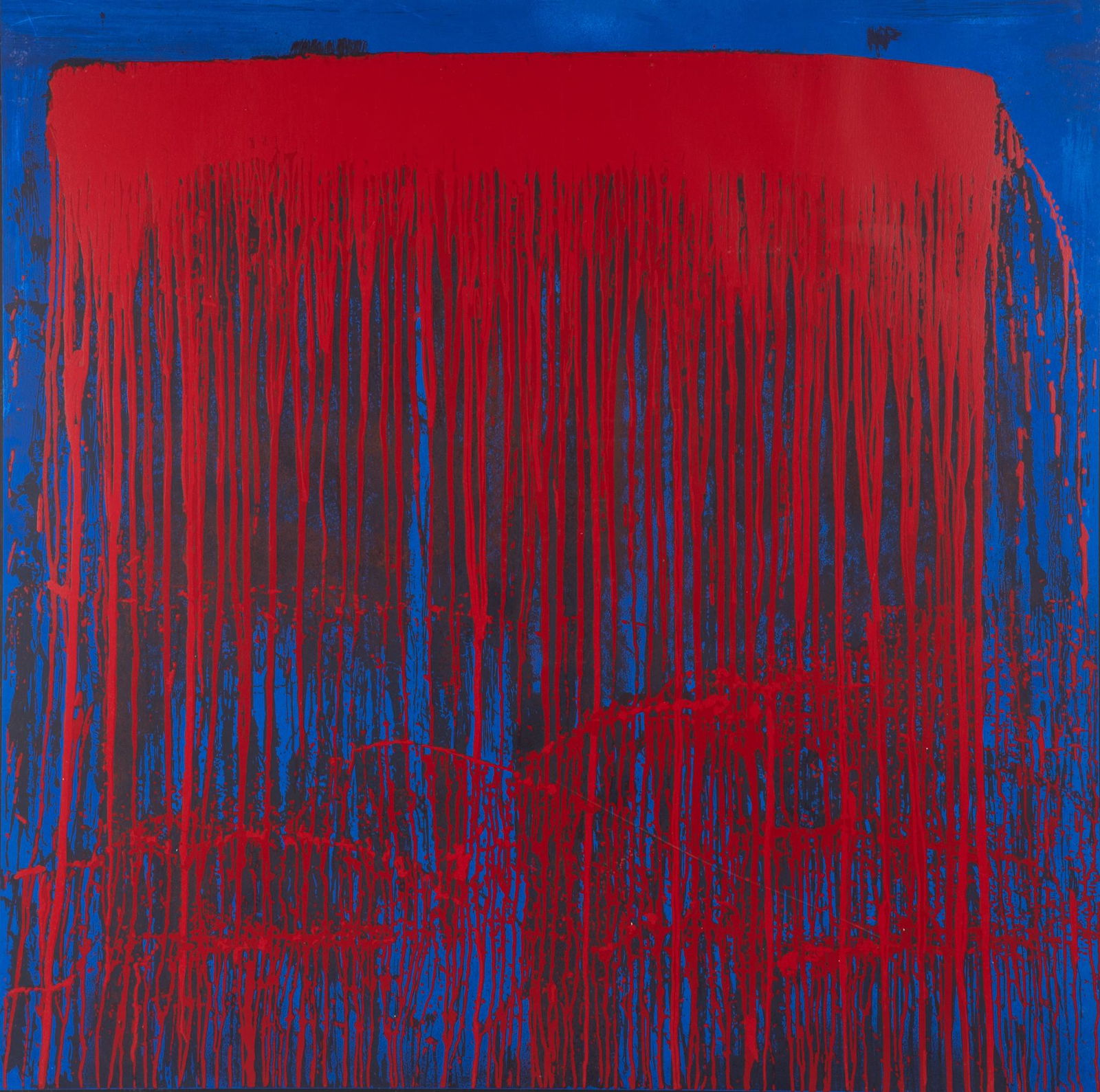 Pat Steir, American (b. 1950), Red and Blue Berlin Waterfall, 1993 (R. p. 177), screenprint in: Pat SteirAmerican, (b. 1950)Red and Blue Berlin Waterfall, trimmed exhibition poster for Lincoln Center's Midsummer Night Swing.screenprint in colorsunsigned, framed.36 x 36 inches