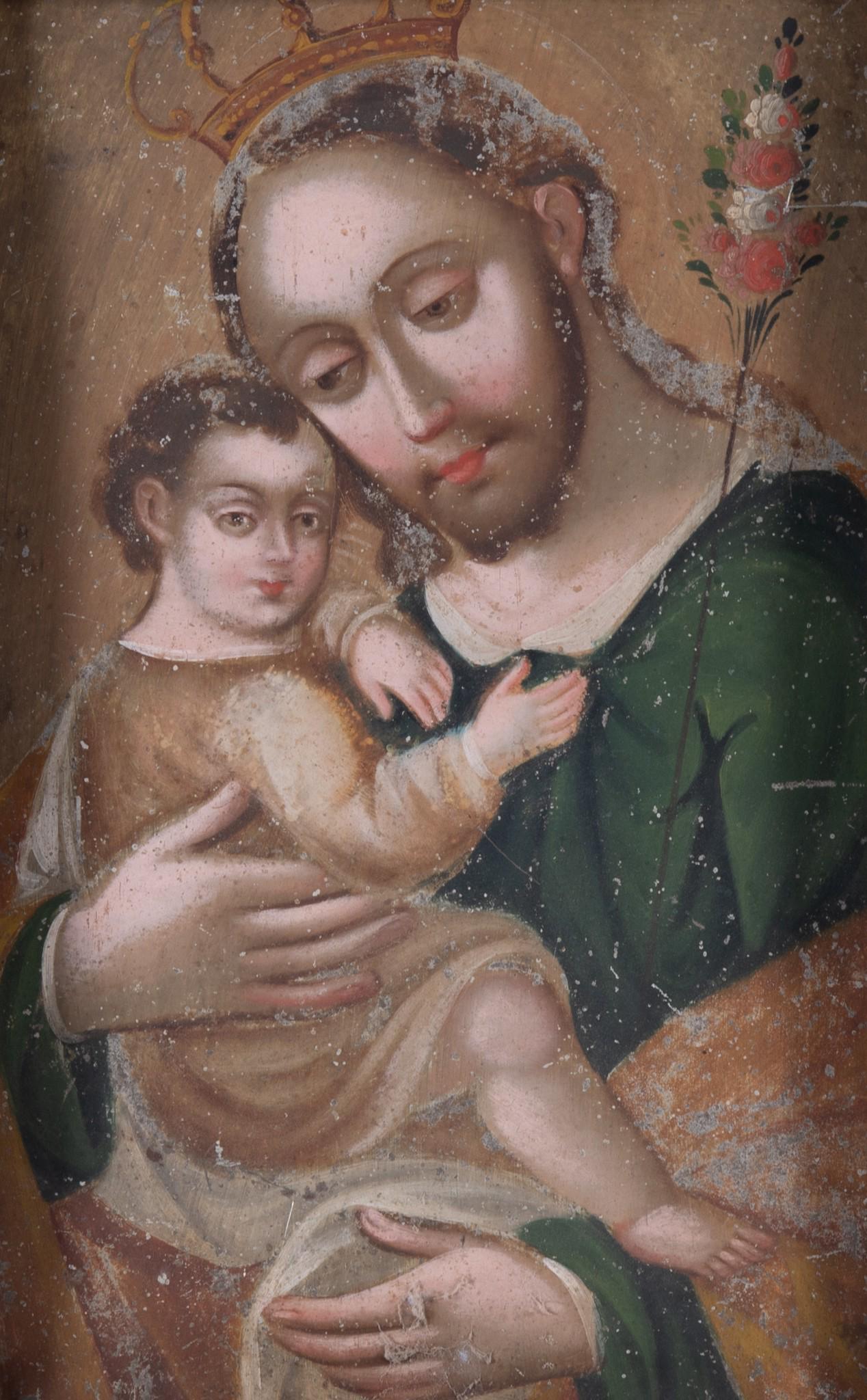 Spanish Colonial Retablo depicting St. Joseph Holding Christ in his arms (1 of 4)