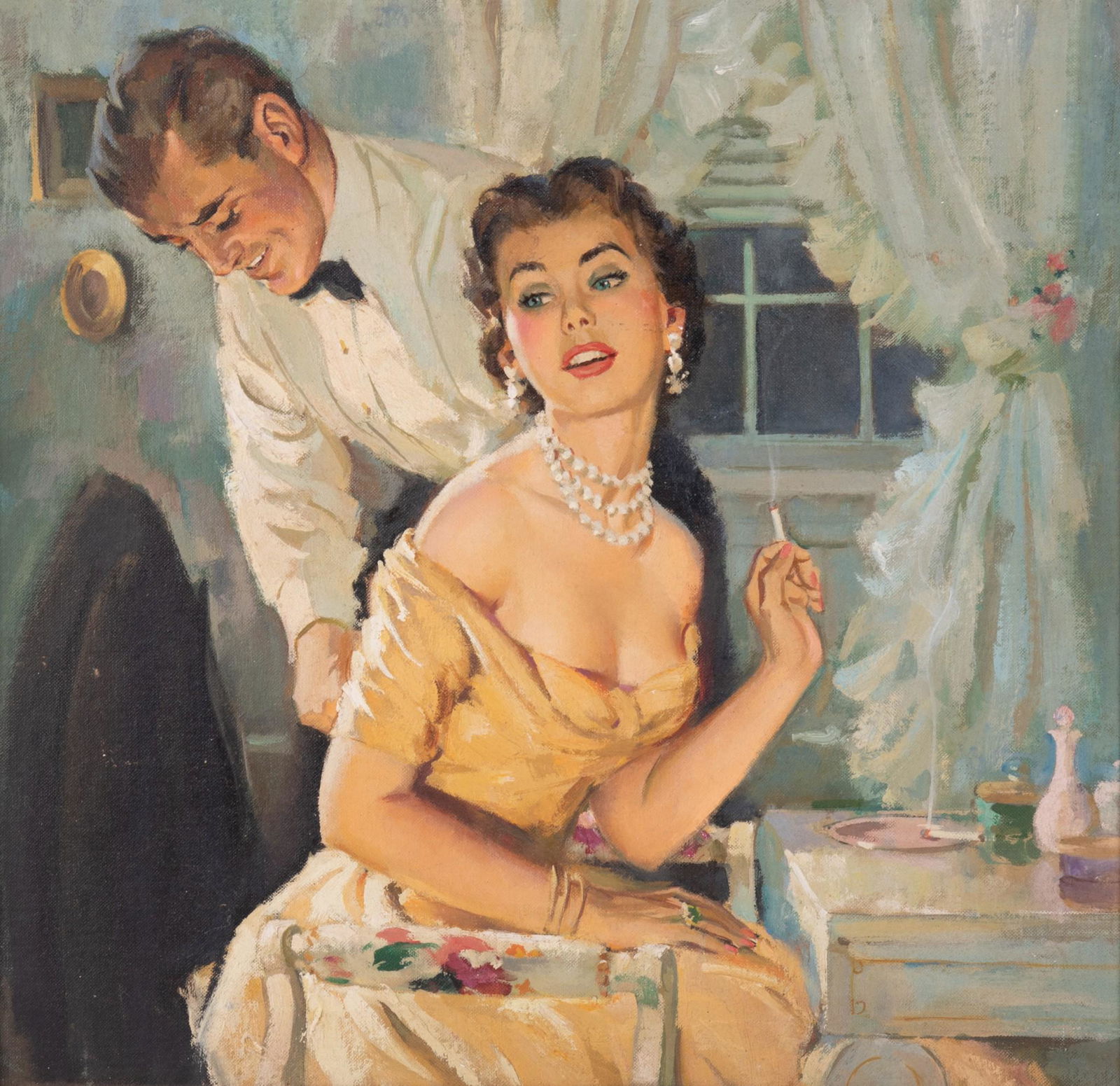 Attributed to Alfred Leslie Buell, New York/Kansas (1910-1996), Elegant Couple at Dressing Table, (1 of 3)