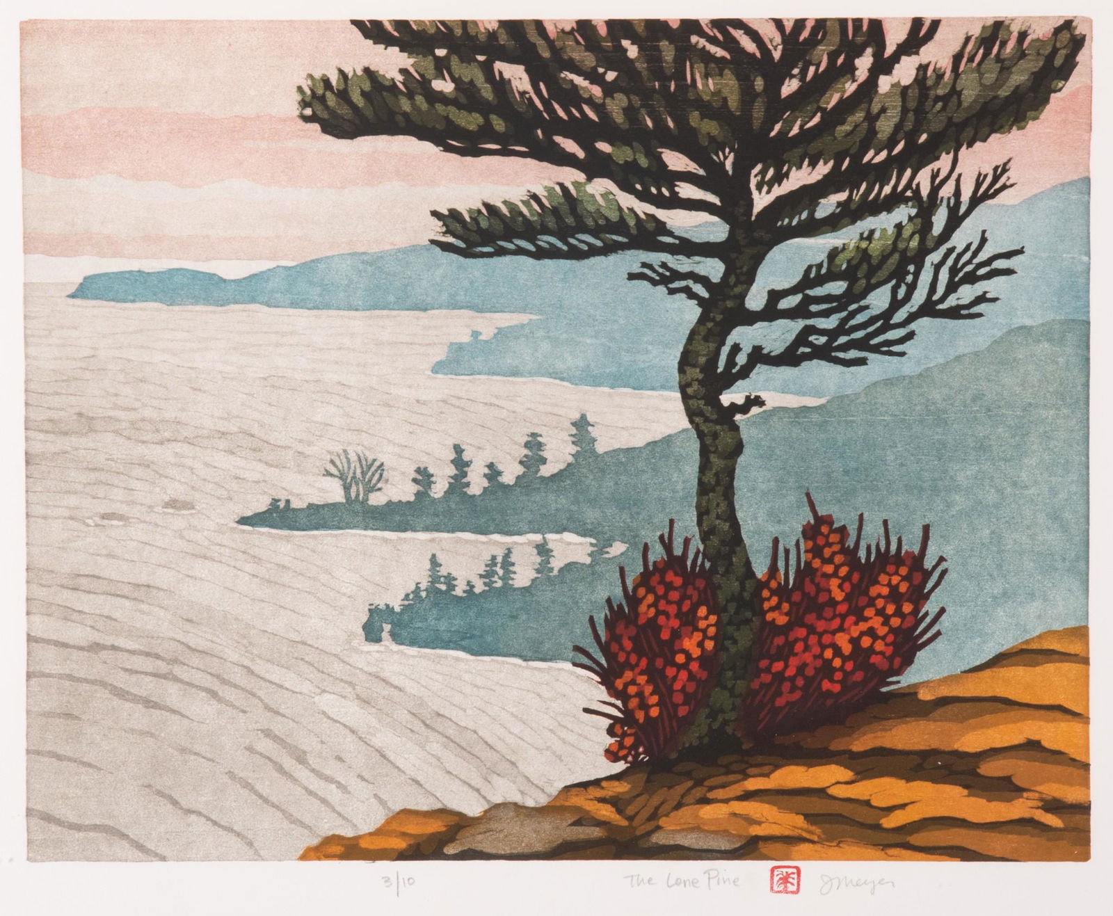 Jim Meyer, Minnesota , The Lone Pine, Woodblock Print (1 of 3)