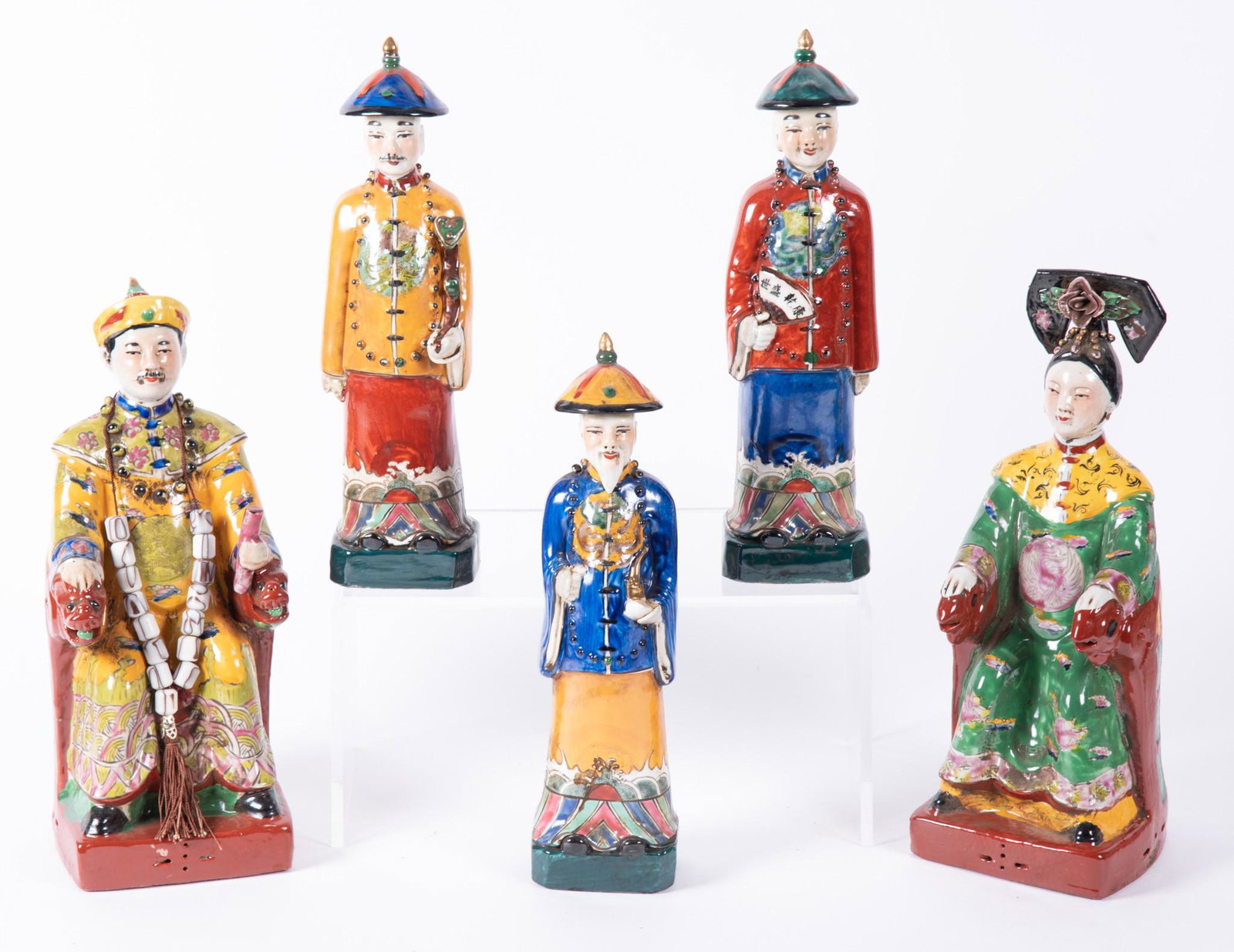 Vintage Chinese Porcelain Court Figures: Vintage Chinese Porcelain Court Figures Depicting a seated emperor and empress on throne chairs, with three attendants. Tallest figure is 10 1/2" tall.
