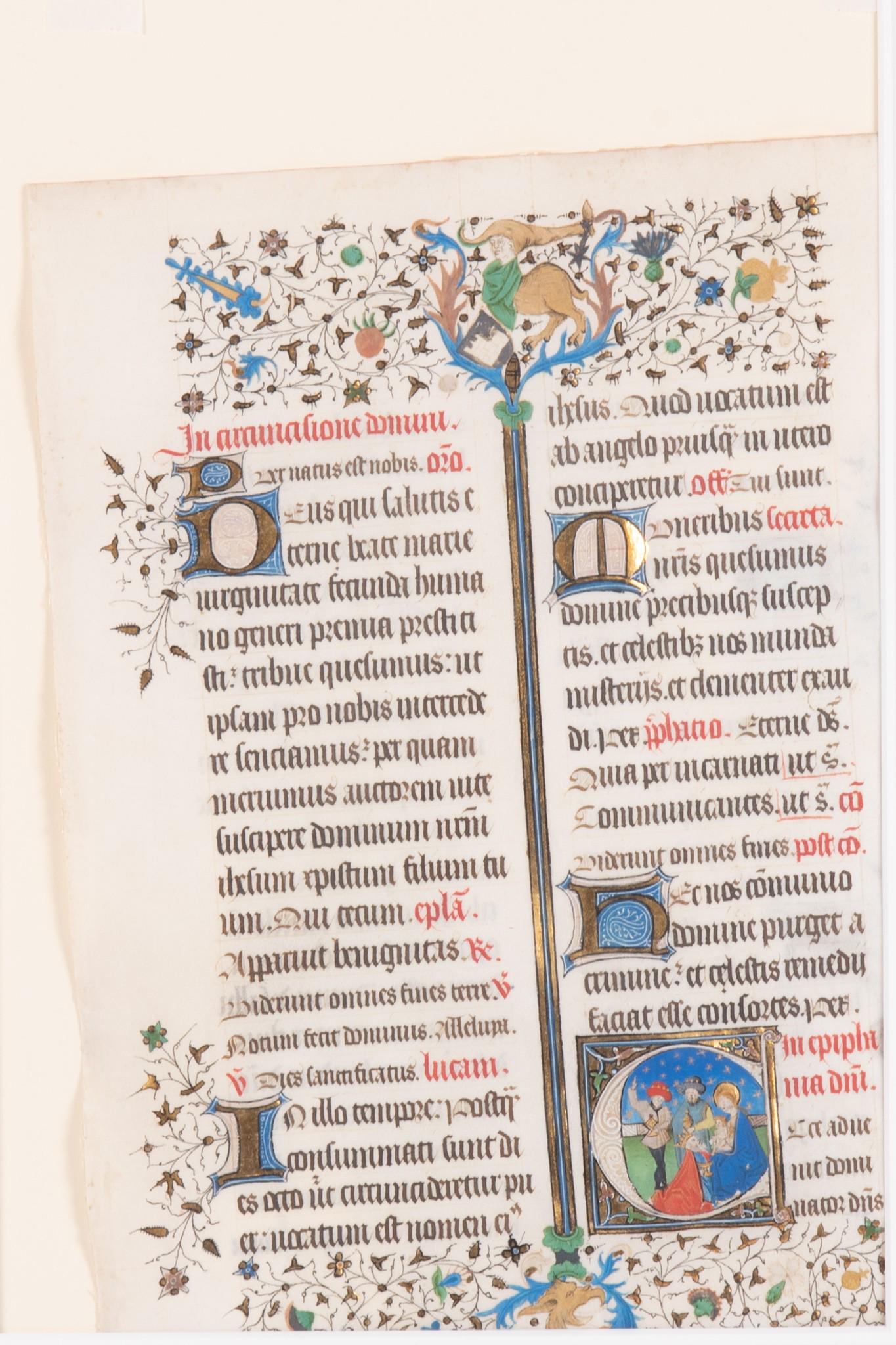 Large 15th c. French Boucicaut-style illuminated Missal page on vellum; features Mary and Jesus and (1 of 3)