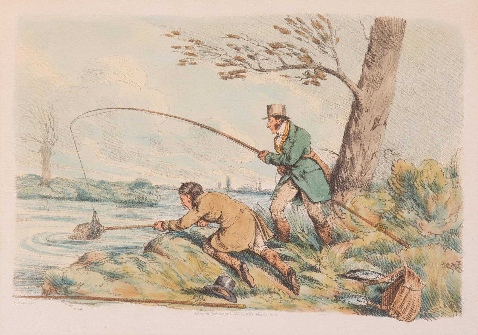Henry Thomas Alken Sr., United Kingdom (1785 - 1851), Fishing, hand colored etching: Henry Thomas Alken Sr.United Kingdom, (1785 - 1851)Fishinghand colored etchingframed10 x 13 3/4 inches