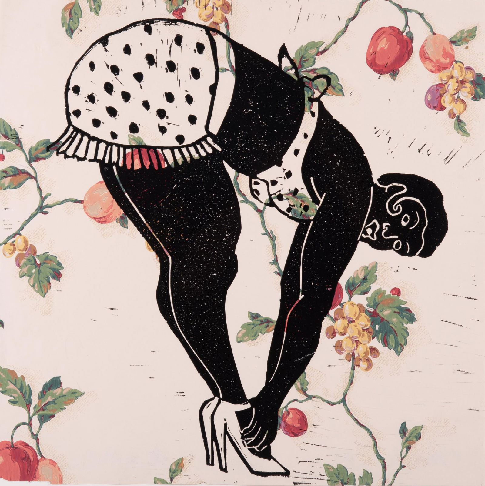 Wanda Ewing, Nebraska (1970-2013), Two Portraits of Black Women, linoleum cuts on floral paper (1 of 4)