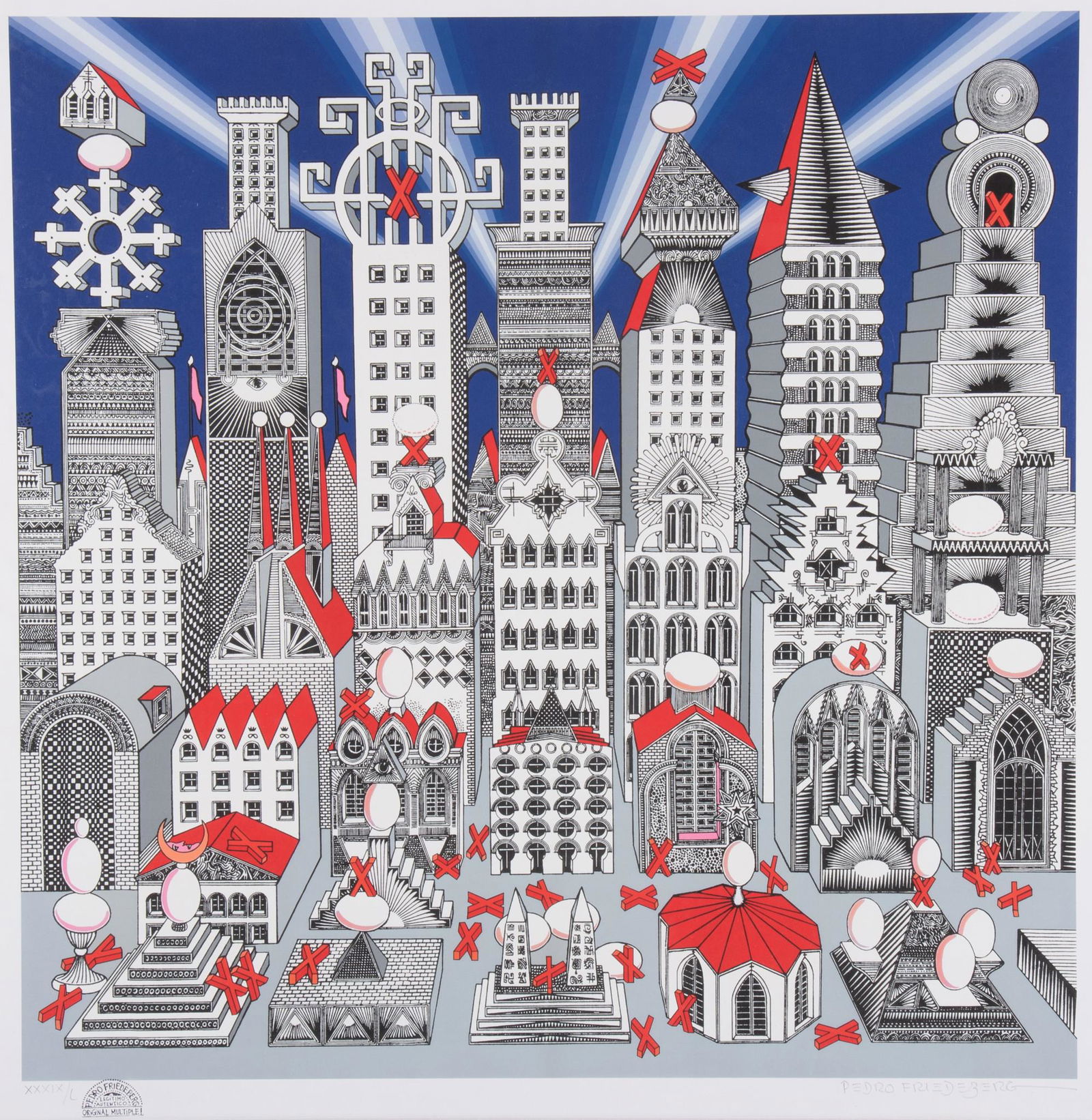 Pedro Freideberg, Mexican (1936 -), City of a million with 25 boiled eggs, lithograph (1 of 4)