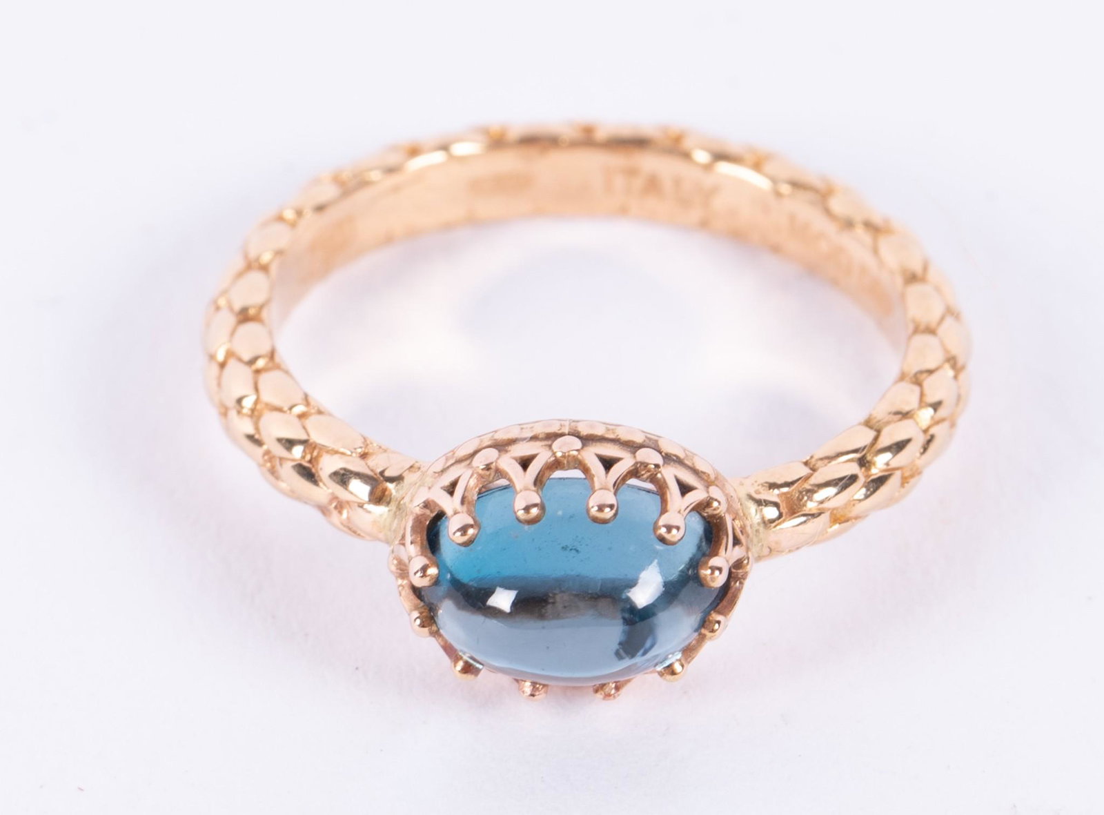 14kt Rose Gold and Tourmaline Ring: 14kt Rose Gold and Tourmaline Ring 14kt rose gold textured band with oval blue tourmaline. Size 6.5