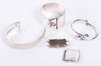 Group of Contemporary Design Sterling Silver Bracelets, Brooch and Belt Buckle