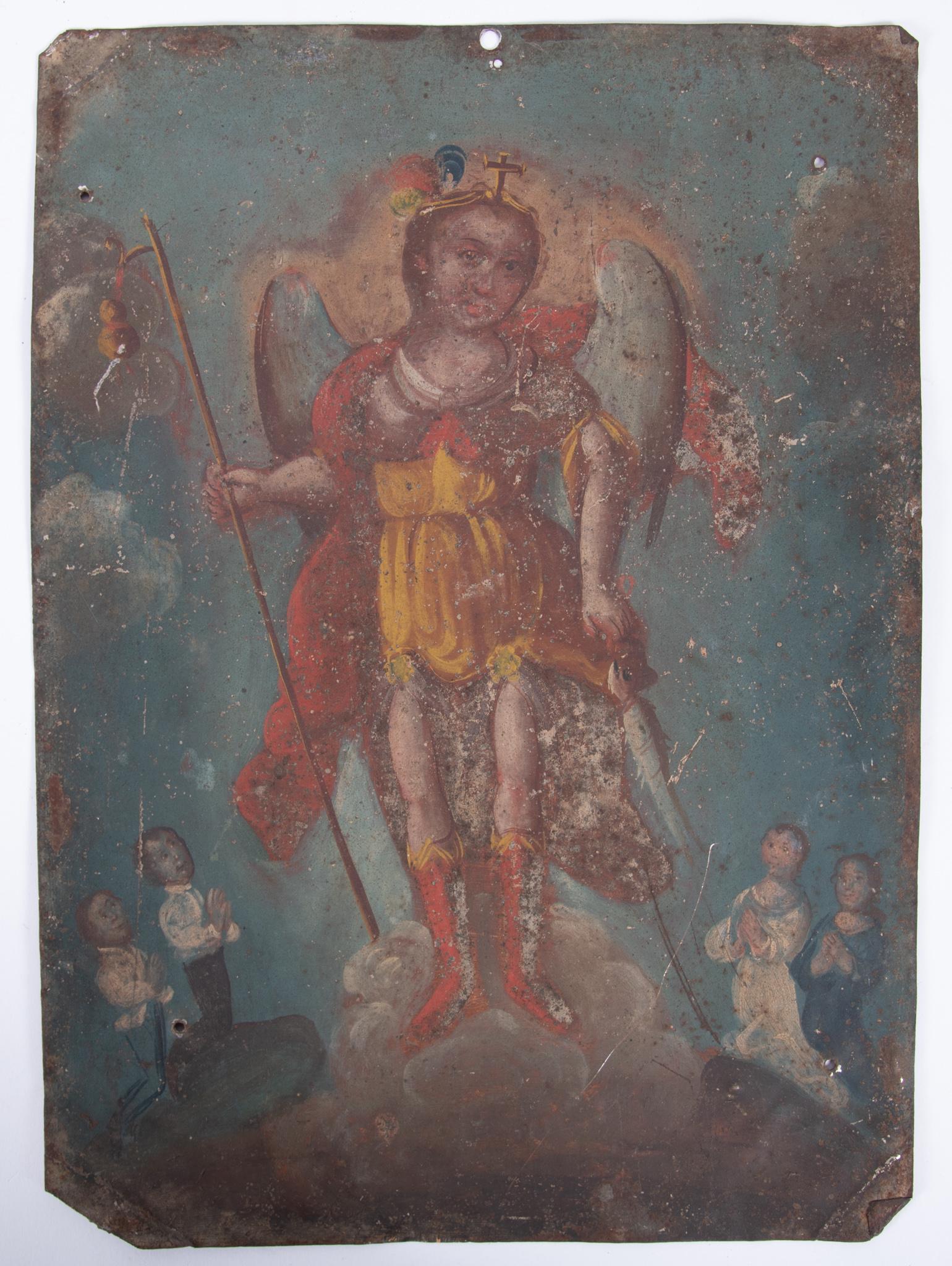 Spanish Colonial Retablo Featuring Archangel Raphael and Four Donors (1 of 3)
