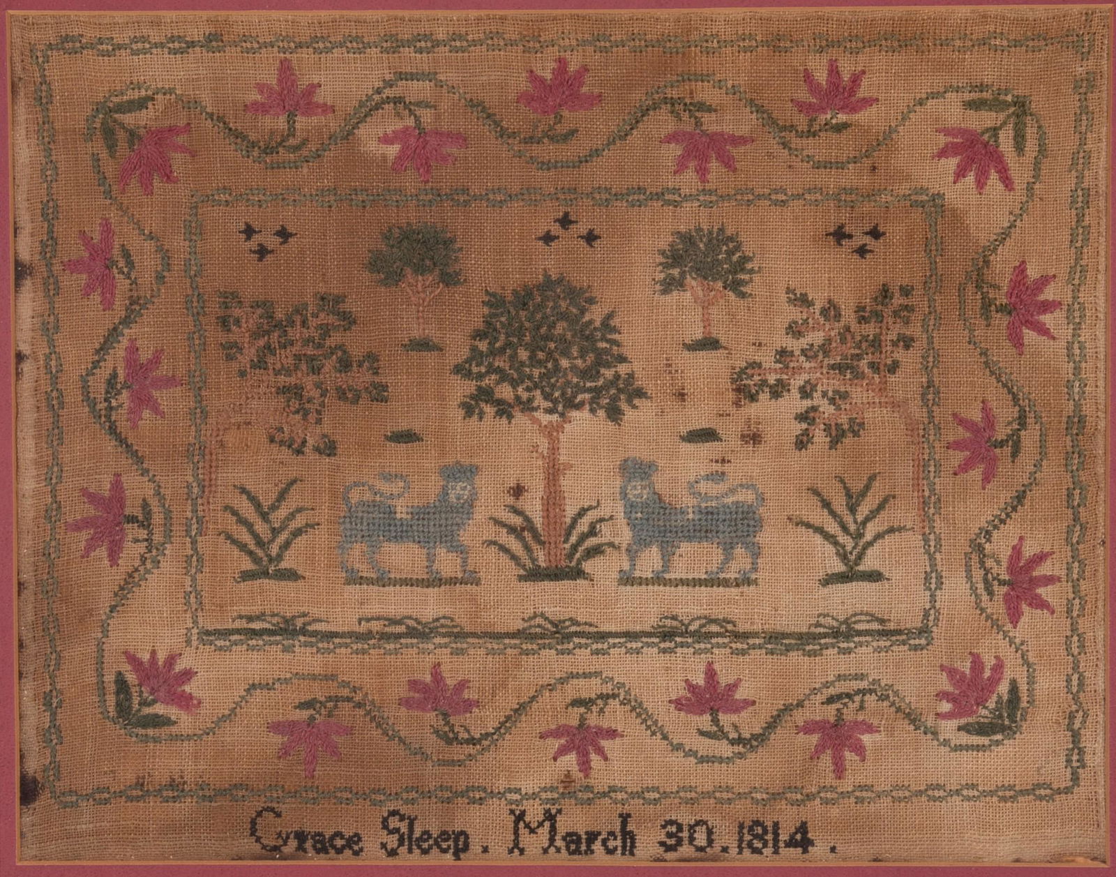 American Needlework Sampler executed by Grace Sleep, March 30, 1814 (1 of 3)