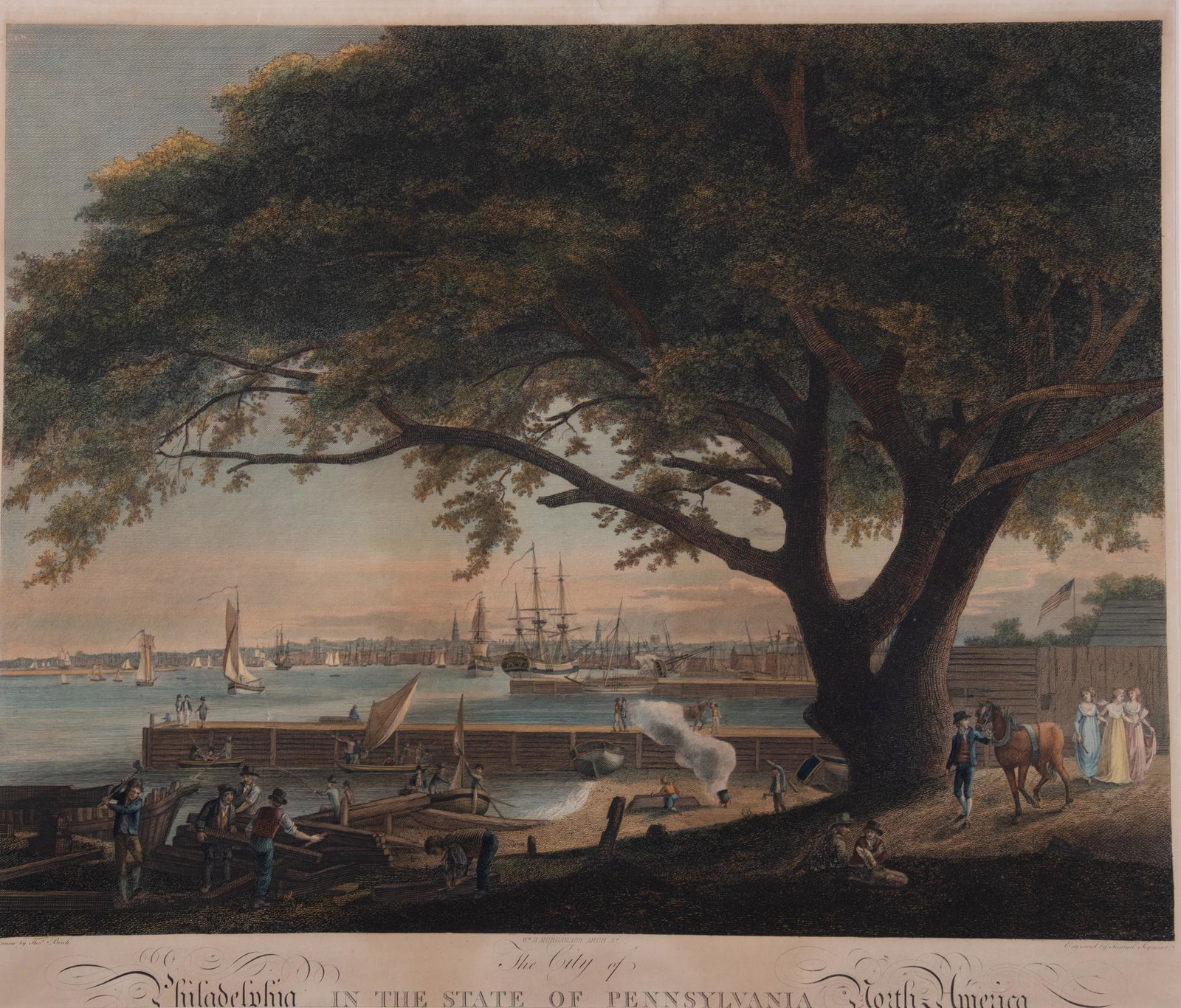 The City of Philadelphia In The State of Pennsylvania Engraving by Samuel Seymour Drawn by Thomas: The City of Philadelphia In The State of Pennsylvania Engraving by Samuel Seymour Drawn by Thomas BirchHand colored engraving on wove paper. A beautiful image of workers at a dockyard with ships comin