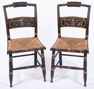 Pair Of Nineteenth Century Hitchcock Side Chairs: Pair Of Nineteenth Century Hitchcock Side ChairsStenciled backs with curved head rails above caned seats and turned legs with gilt highlights.