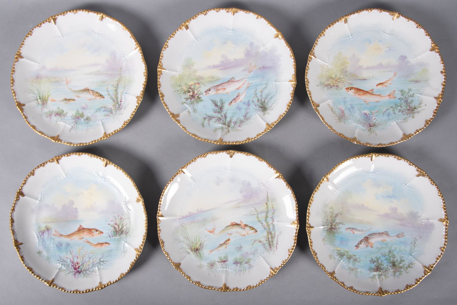 Six French Limoges Hand Painted Fish Plates Auction