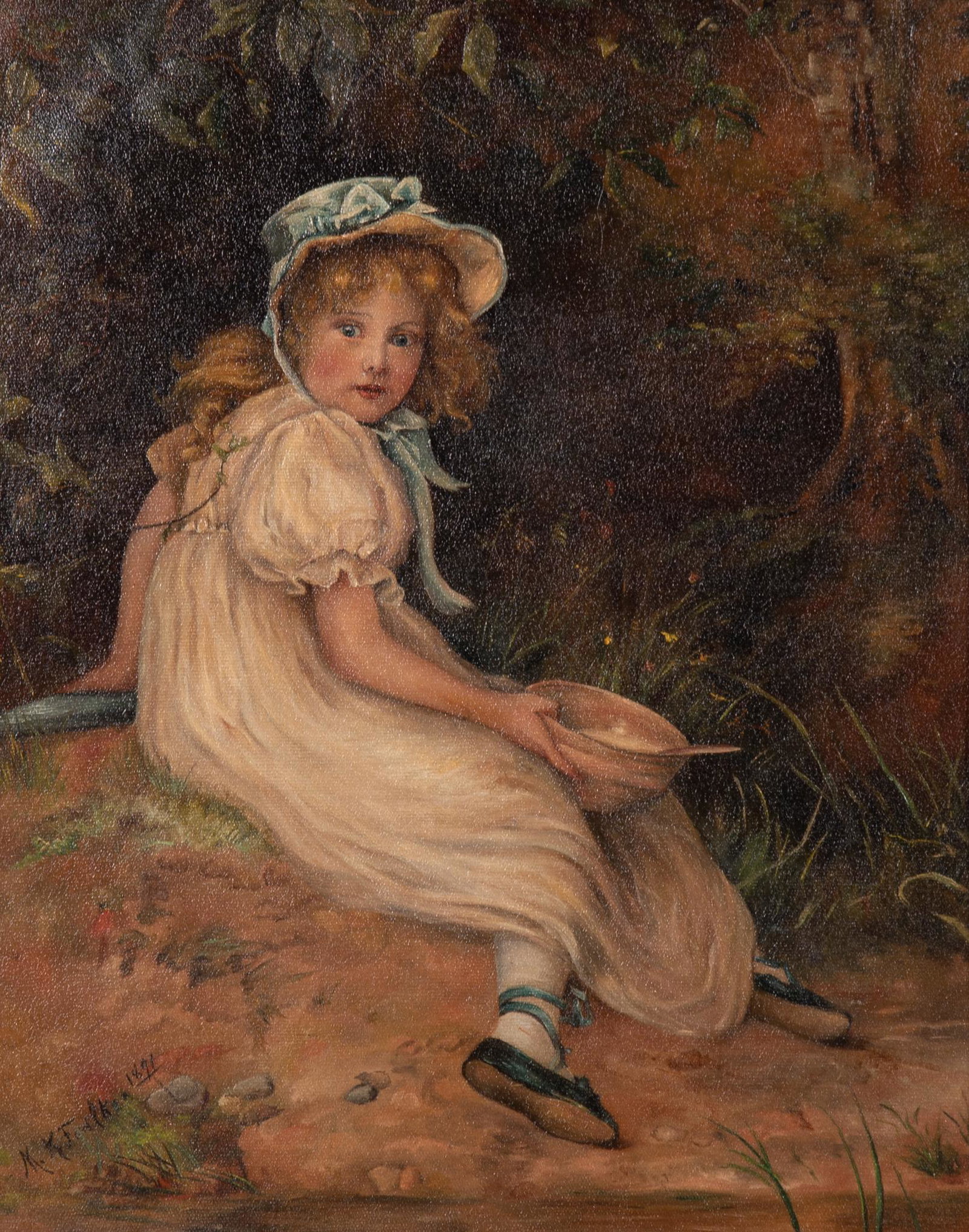 M.K. Fowlkes, British 19th-20th Century, Portrait of a Young Girl in a Landscape Setting, 1891, oil (1 of 5)
