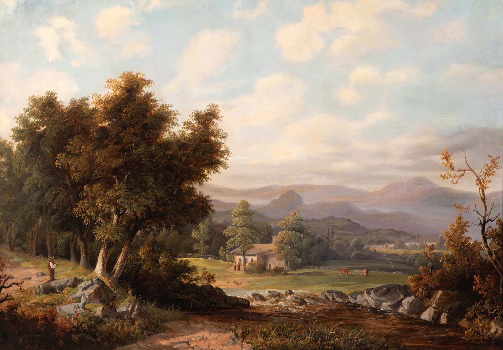 Henry Boese, New York 1824-1863, Vast Rural Landscape with Foreground Fisherman, a Farm House and (1 of 5)