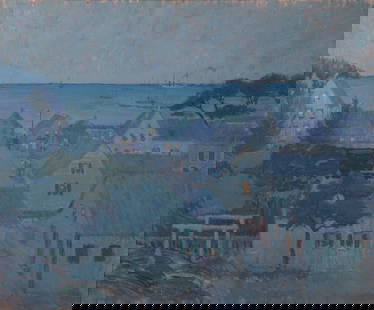American School Early 20th Century, Coastal Village at Dusk, Active Maritime Harbor, oil on board: American School, Early 20th CenturyCoastal Village at Dusk, Active Maritime Harboroil on boardunsigned, framed.20 x 24 inches