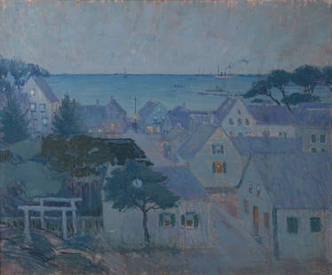 American School Early 20th Century, Coastal Village at Dusk, Active Maritime Harbor, oil on board: American School, Early 20th CenturyCoastal Village at Dusk, Active Maritime Harboroil on boardunsigned, framed.20 x 24 inches