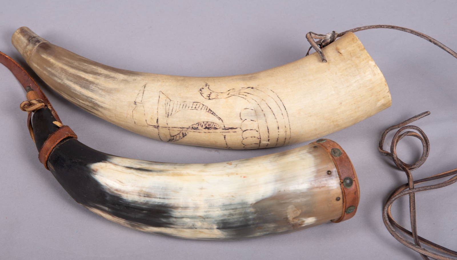 Pair Of Vintage Steer Powder Horns Auction