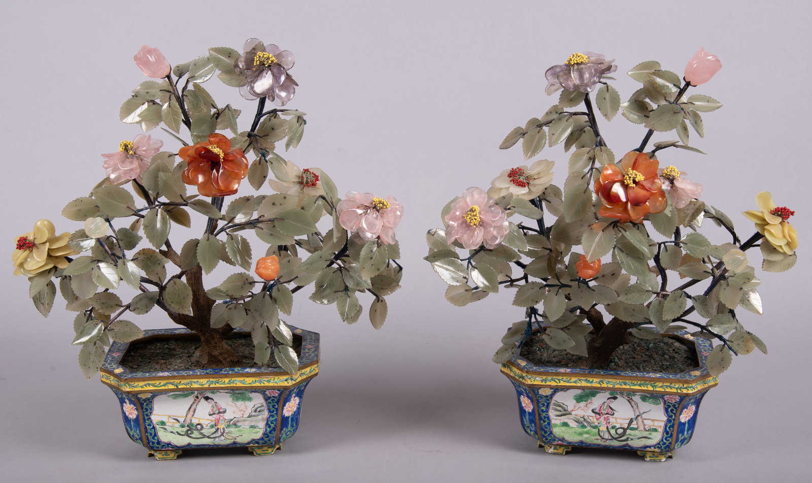 Pair Of Jade and Hard Stone Plants in Enamel Bases, Qianlong Mark (1 of 4)
