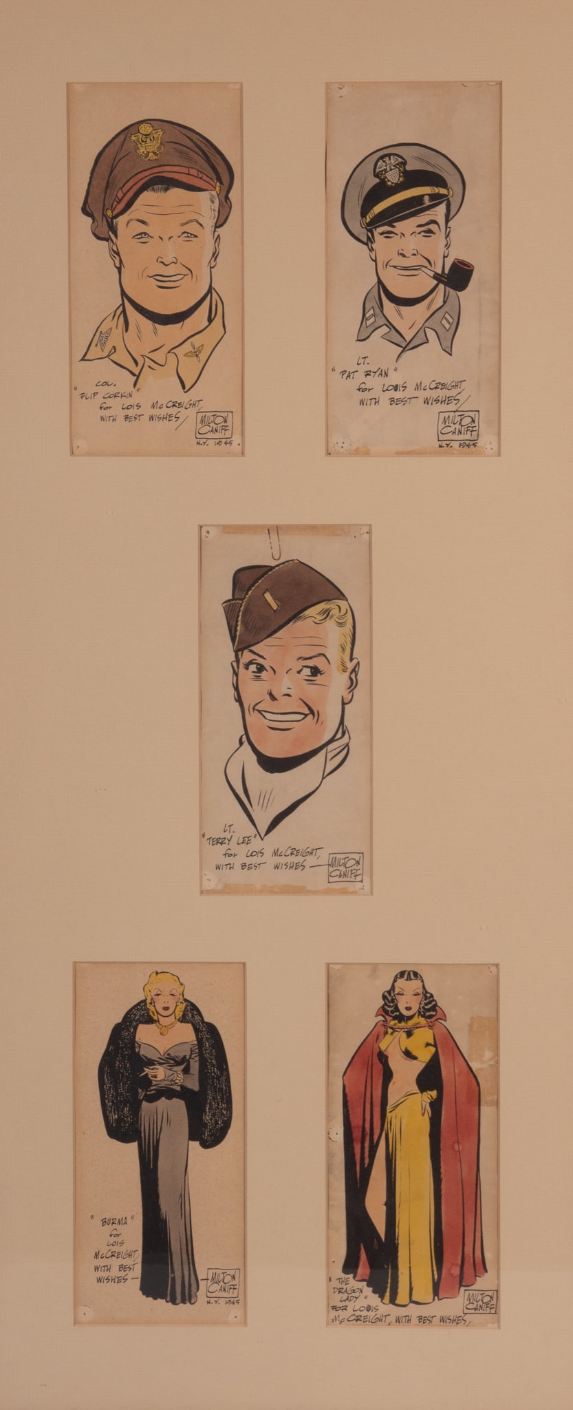 Milton Arthur Caniff, Ohio (1907-1988), Col. Flip Corkin, Lt. Pat Ryan, Lt. Terry Lee, Burma, and: Milton Arthur CaniffOhio, (1907-1988)Col. Flip Corkin, Lt. Pat Ryan, Lt. Terry Lee, Burma, and The Dragon Lady; 1945five watercolor illustrations in one frameeach signed by the artist and dated 1945.O