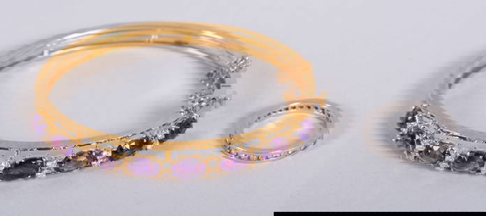 Amethyst, 14K Yellow Gold and Diamond Bangle Bracelet together with White Gold and Diamond Wedding: weight of bracelet, 19.8 grams; together with white gold and diamond wedding band, size 6; total weight 24.2 grams. (2 items)