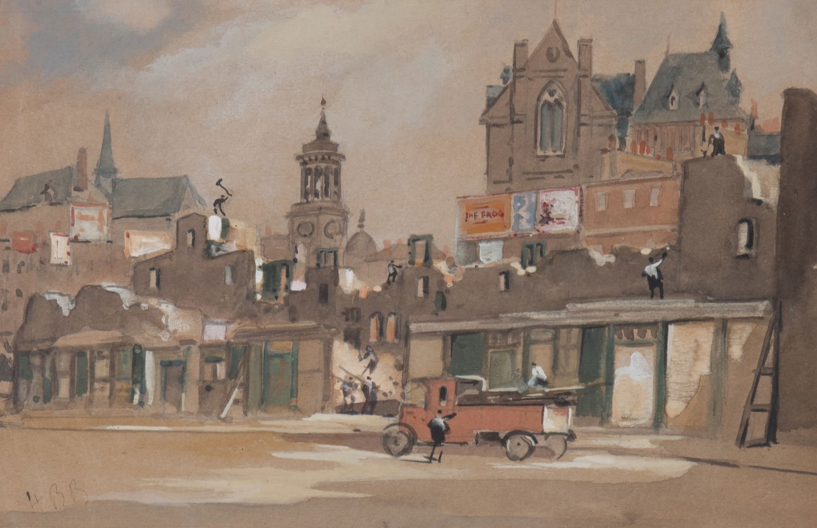 Hercules Brabazon, England (1821 - 1906), Demolition in Old Compton Street, watercolor: Hercules BrabazonEngland, (1821 - 1906)Demolition in Old Compton Streetwatercolorinitialed lower left, title on bottom of frame framed8 x 12 1/2 inches