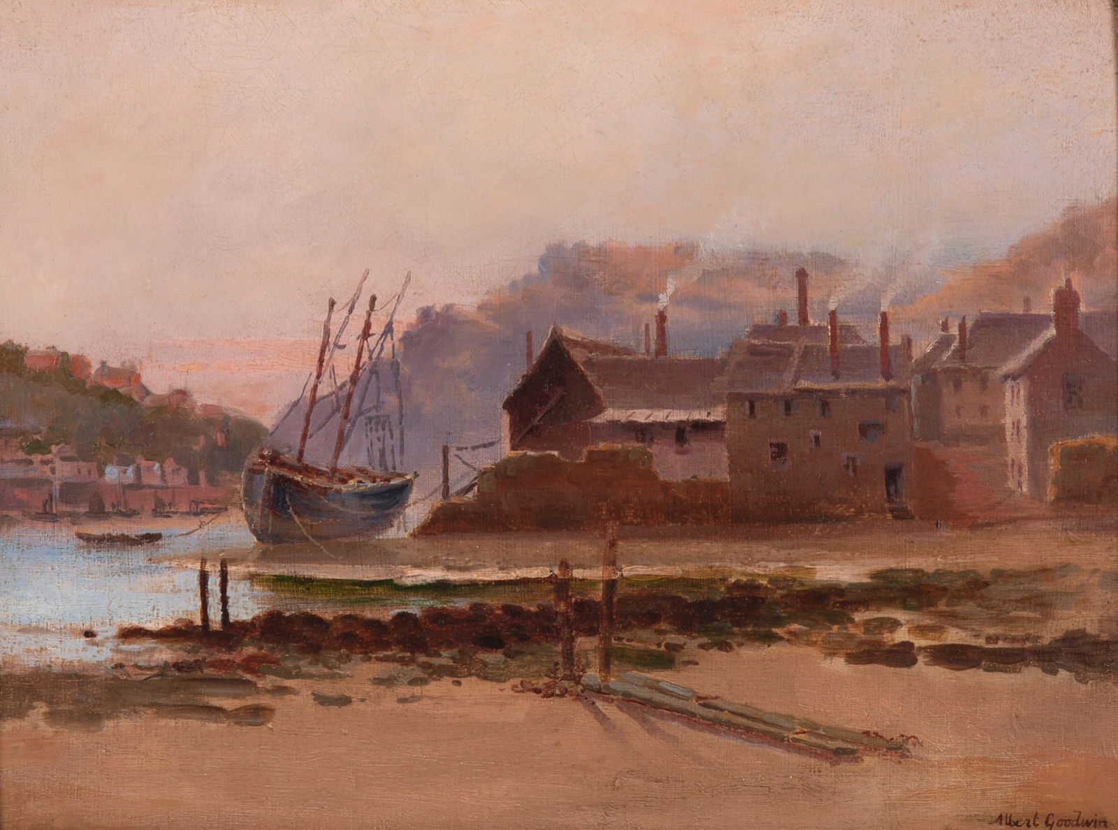 Albert Goodwin, England (1845-1932), Harbor Scene, oil on canvas board (1 of 6)