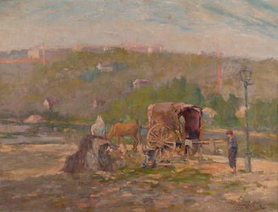 Elie Anatole Pavil, France, Morocco, Russian Federation (1873-1948), Encampment, oil on canvas: Elie Anatole PavilFrance, Morocco, Russian Federation, (1873-1948)Encampmentoil on canvassigned lower right, gilt-framed.Born in Odessa in the 1870s, Pavil settled permanently in Montmartre (Paris) by