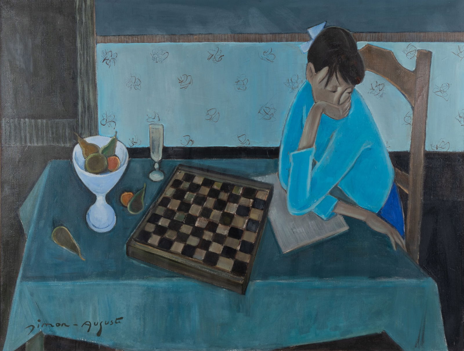 Simon Joseph Simon-Auguste, France (1909-1987), Young Woman at a Table, oil on canvas: Simon Joseph Simon-AugusteFrance, (1909-1987)Young Woman at a Tableoil on canvassigned lower left, gilt-framed.35 x 45 inches