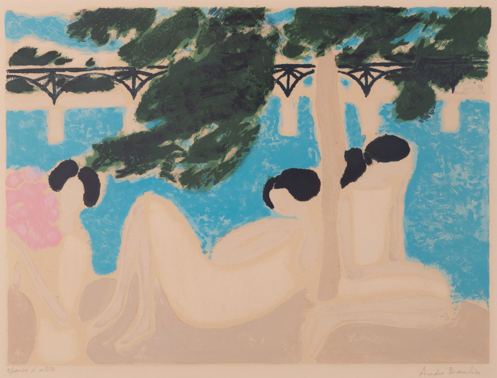 Andre Brasilier, France (b. 1929), Three Nude Women, color lithograph, artist's proof: Andre BrasilierFrance, (b. 1929)Three Nude Womencolor lithograph, artist's proofsigned and notated in pencil lower margin, framed.18 x 23 3/4 inches