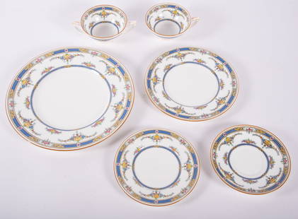 Minton ?Princess? Pattern Porcelain Dinnerware Set: Minton ?Princess? Pattern Porcelain Dinnerware SetNice partial set of Minton ?Princess? pattern dinnerware. White china with blue geometrical decoration and floral groups. Gold trim adorns the rims. S