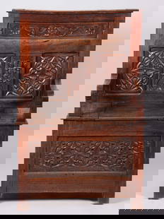 Antique English Oak Hall Bench: Antique English Oak Hall BenchThe straight back with carved mask and floral top rail above three carved floral panels. The plank seat centering a pair of shaped open arms all above a carved long panel