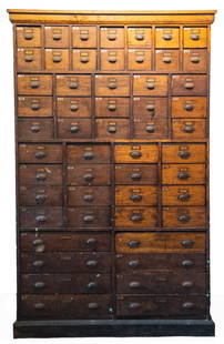 Antique American Oak Apothecary Cabinet, 19th Century: Antique American Oak Apothecary Cabinet, 19th CenturyHaving a collection of fifty-three drawers in four sizes ranging from smallest at the top graduating to longer drawers. This 19th c. cabinet would