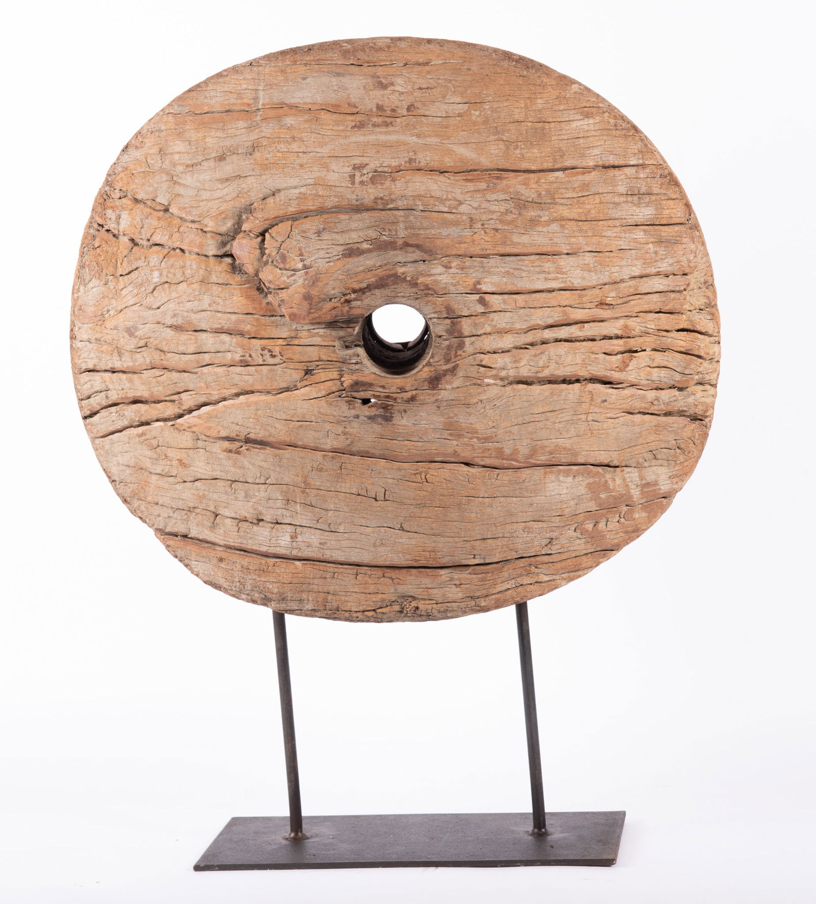 Antique Asian Wooden Cart Wheel on Stand (1 of 2)
