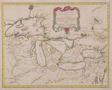 Antique Hand Colored Map of the Western Part of Canada: Antique Hand Colored Map of the Western Part of CanadaNice hand colored engraved on paper an antique, 1755 map of the western part of New France or Canada by M. Bellin, Engineer of the king. Featuring