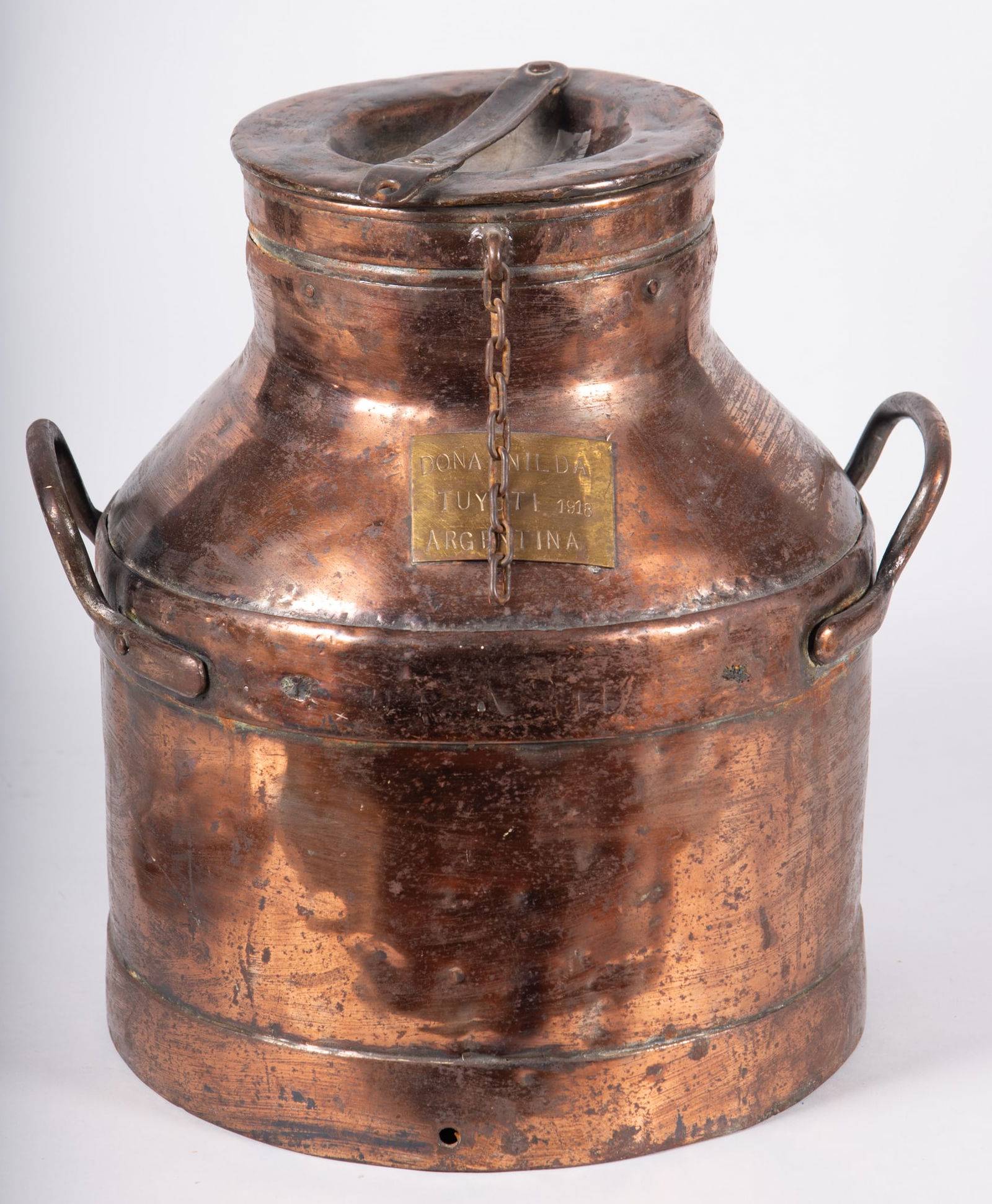Large Copper Pot with Label for Dona Velda, Tuyuti, Argentina 1918 (1 of 5)