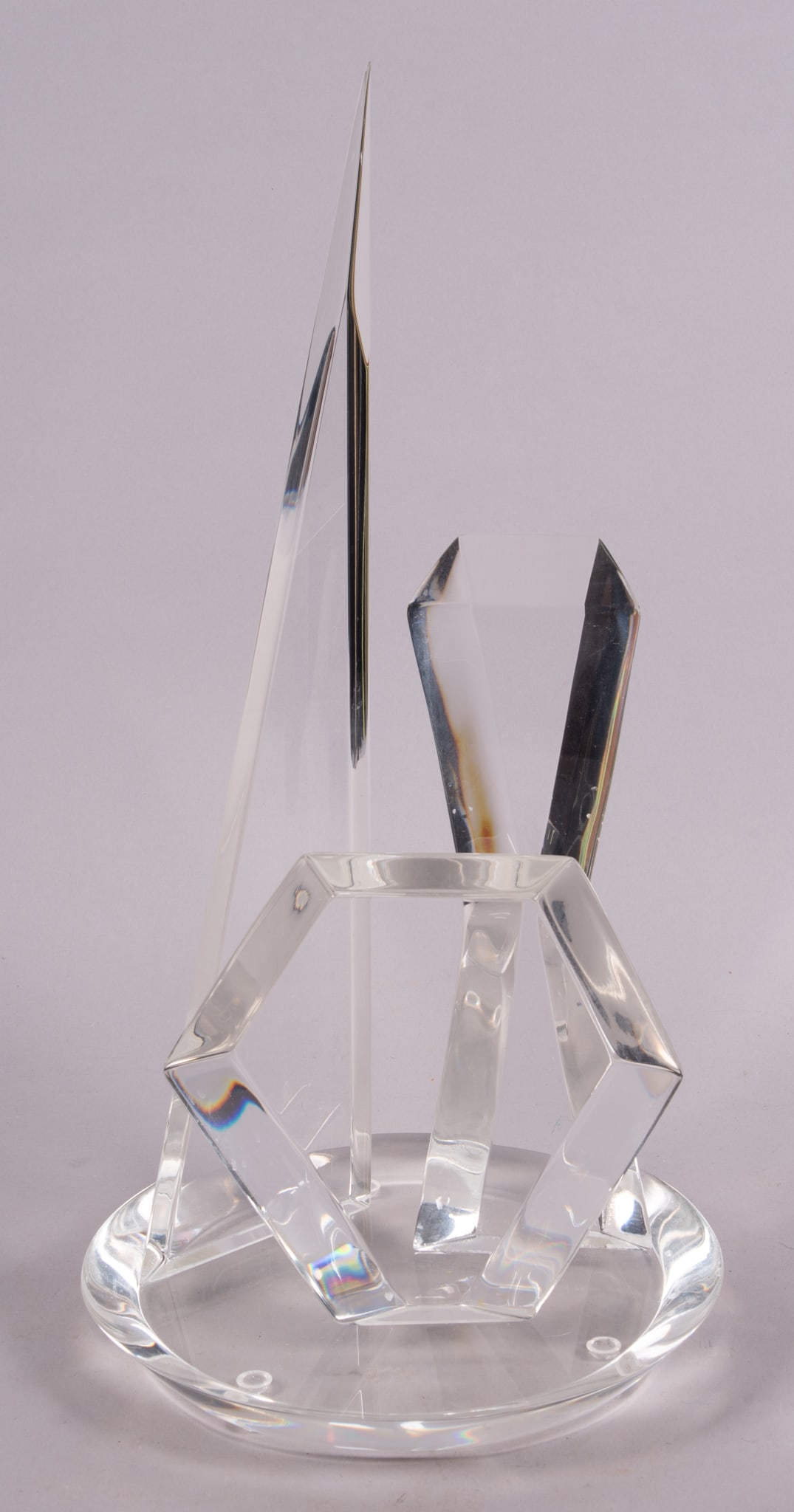 Hivo G. Van Teal Mid Century Lucite Sculpture: Hivo G. Van Teal Mid Century Lucite SculptureThree abstract shapes on a lucite base, signed.Height: 19 inches