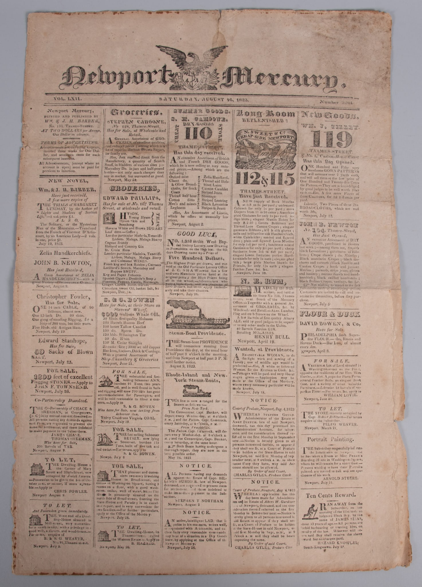 A Page from the Newport Mercury [newspaper] that includes a Runaway Fugitive Slave Ad [in the bottom (1 of 3)