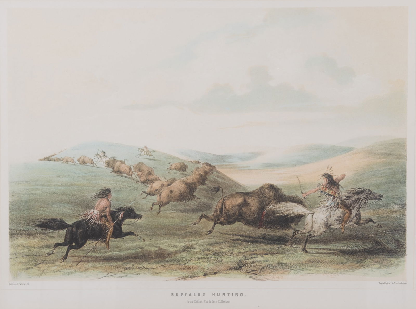 Buffalo Hunting by George Catlin. Large Hand colored Lithograph. London, ca. 1850. (1 of 4)