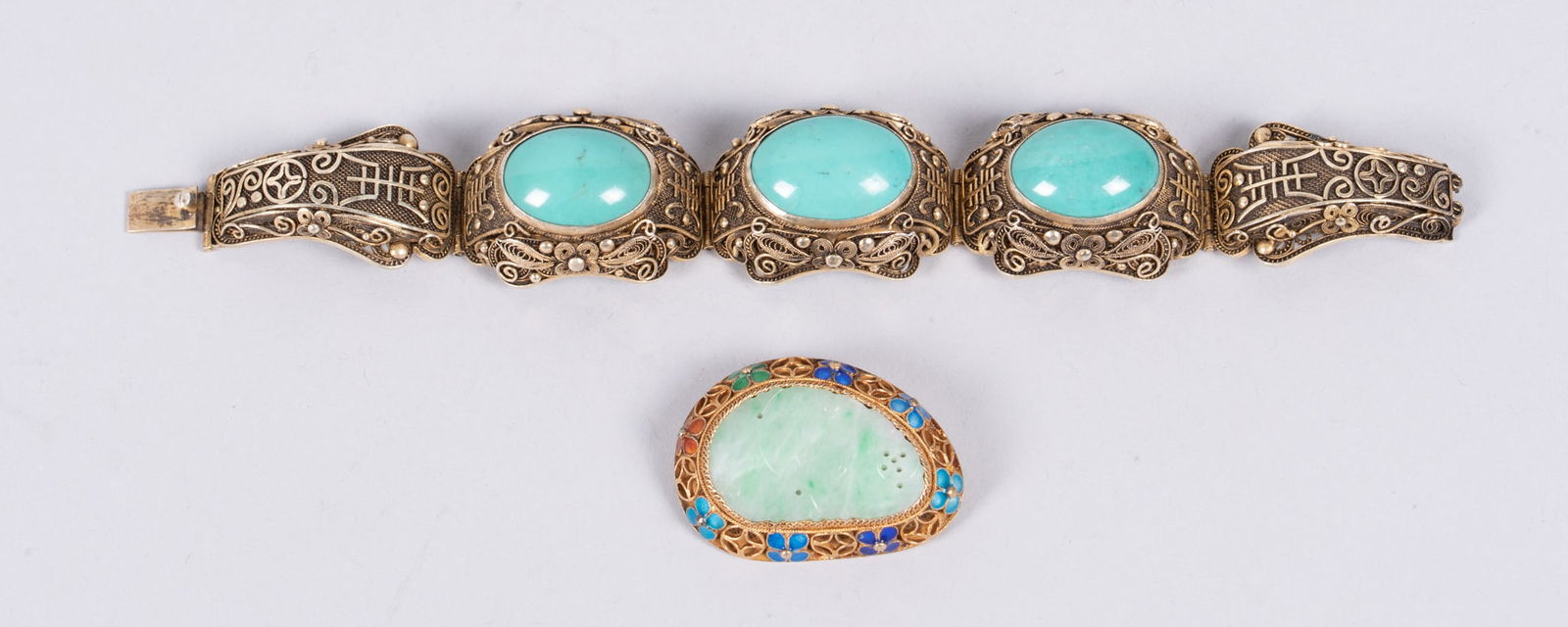 Chinese Vermeil Filigree Vintage Bracelet With Turquoise Together With Jade Brooch (1 of 4)