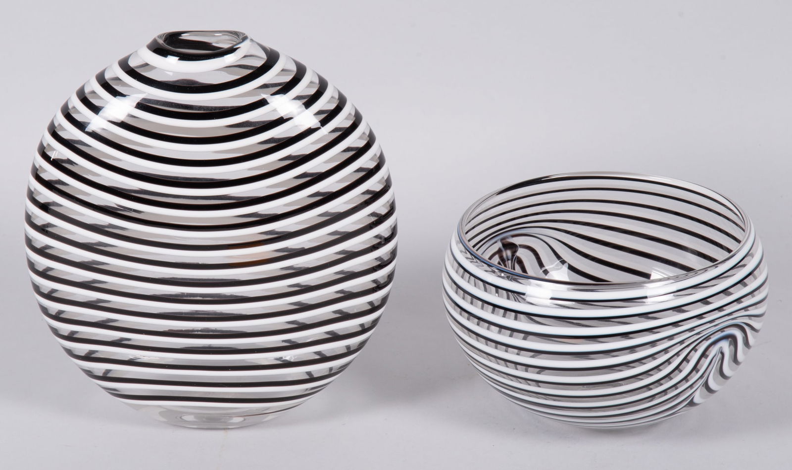 Tony Cray, St. Louis 20th-21st Centuries, Clear, Black, and White Striped Vase (2008) and Bowl (1 of 5)