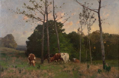 William Henry Howe, New York, Connecticut, Ohio (1846-1929), Cattle in a Field, 1922, oil on canvas,: William Henry HoweNew York, Connecticut, Ohio, (1846-1929)Cattle in a Field, 1922oil on canvas, linedsigned lower left, framed.19 1/2 x 29 inches