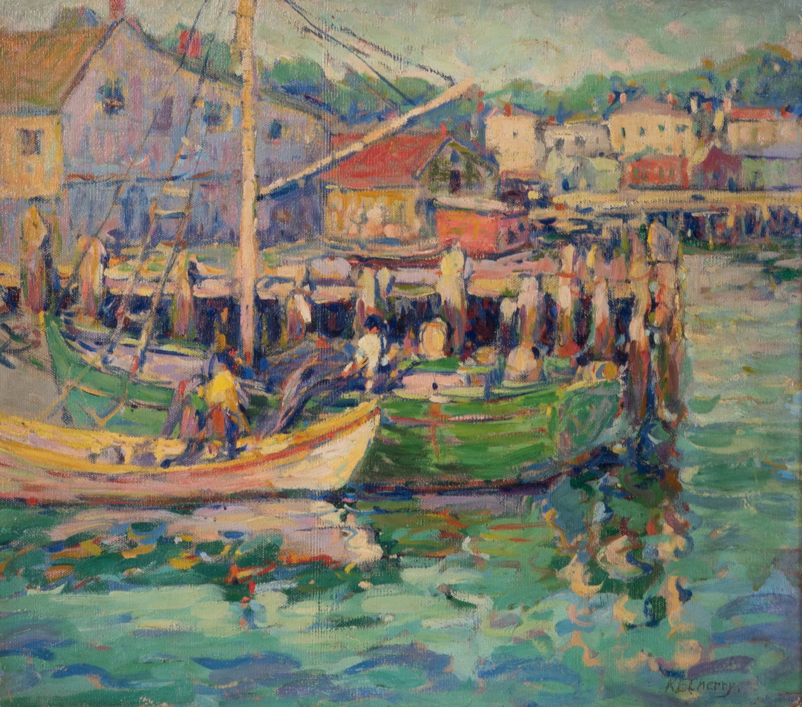 Kathryn E. Bard Cherry, Missouri (1880-1931), Harbor Scene, Gloucester, oil on canvas board (1 of 5)